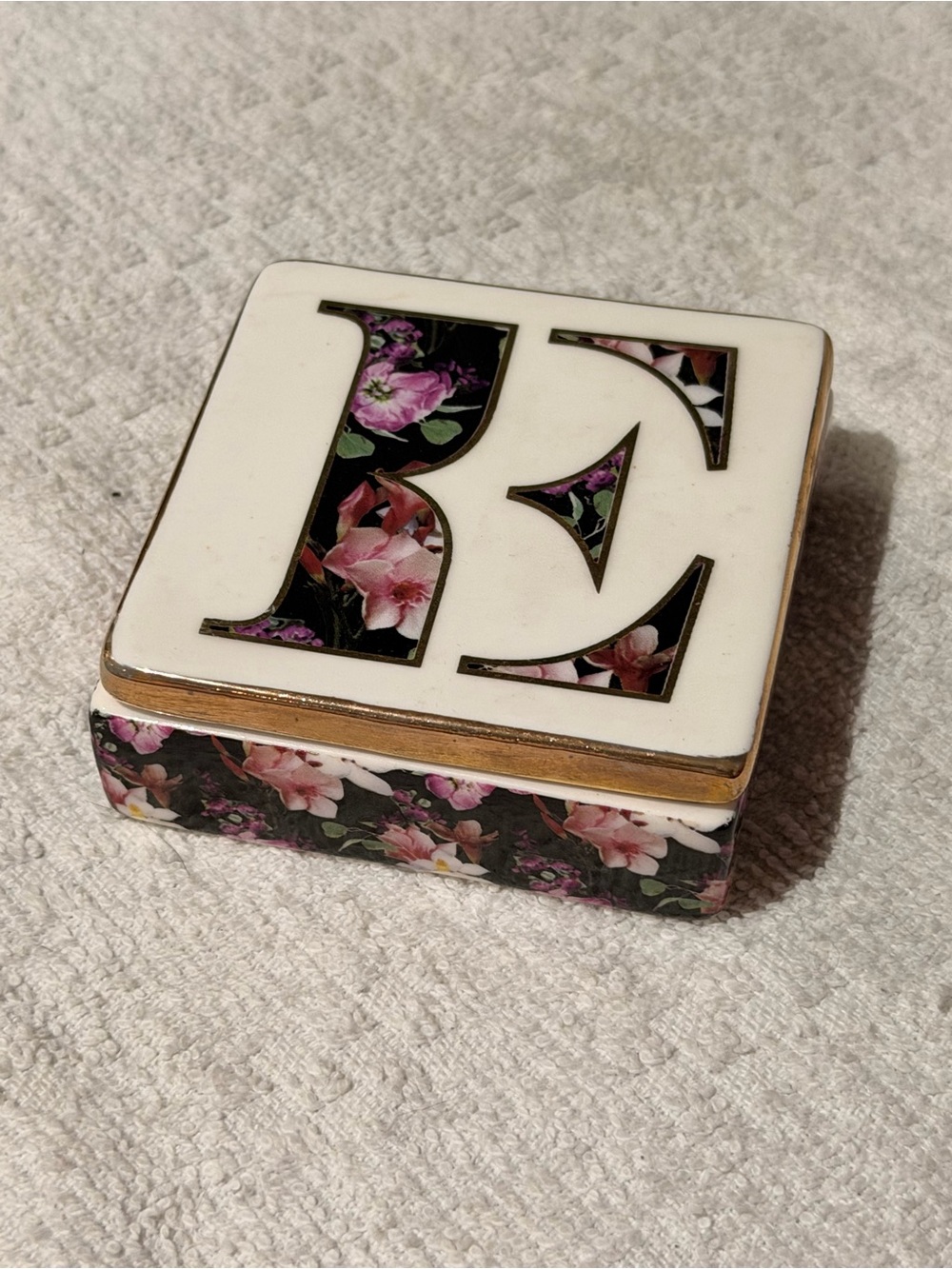 Anthropologie Floral 'E' Trinket Box in White, Black, Pink and Gold